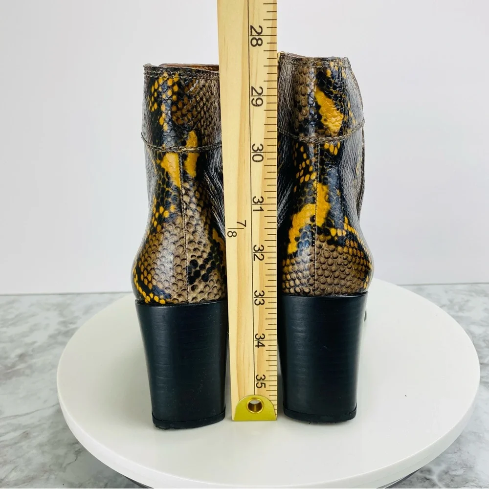 Franco Sarto Leather Ankle Boots 6.5 Lizzard Brown Yellow Zip Block‎ Heel Square